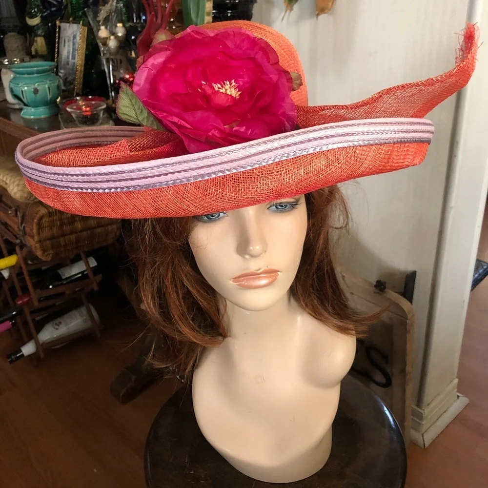 Vintage Wide Brim Red Straw Hat - Picture 2 of 10